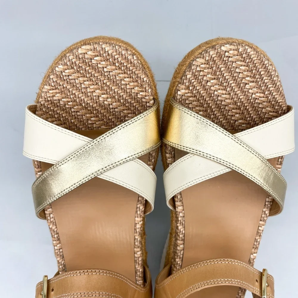 Vionic Womens 9 Mar Platform Sandals Tan Gold Leather Strappy Espadrille Wedge - Picture 10 of 12